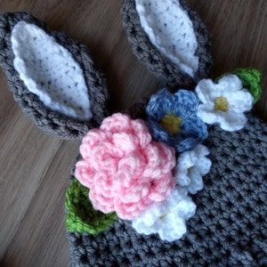 Crochet PATTERN Bunny Hat with Flowers crown, Crochet Easter Hat Pattern, newborn bunny hat crochet pattern toddler bunny hat child hat image 2