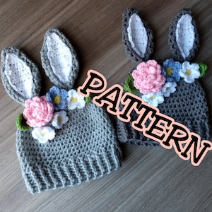 Crochet PATTERN Bunny Hat with Flowers crown, Crochet Easter Hat Pattern, newborn bunny hat crochet pattern toddler bunny hat child hat image 1