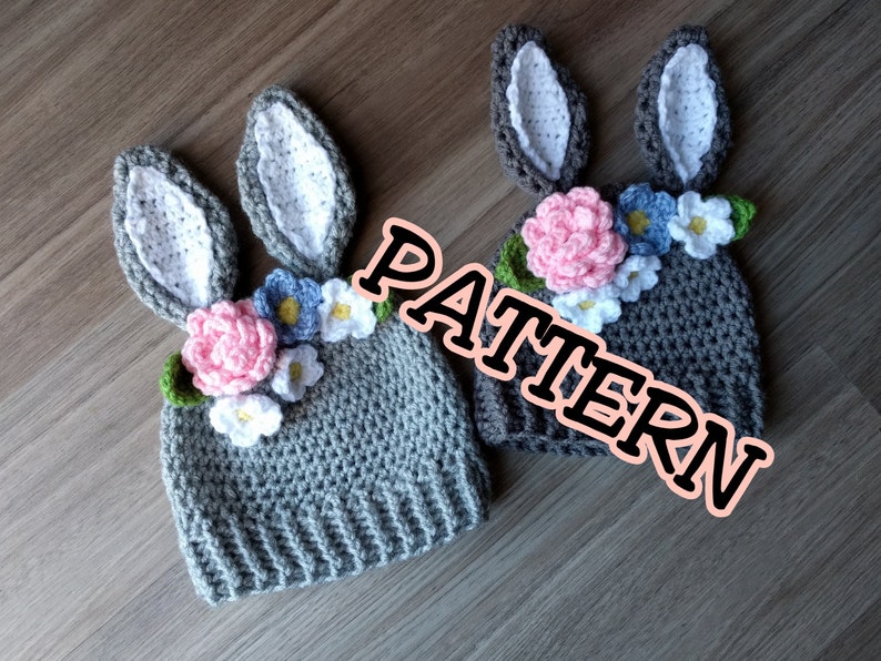 Crochet PATTERN Bunny Hat with Flowers crown, Crochet Easter Hat Pattern, newborn bunny hat crochet pattern toddler bunny hat child hat image 1