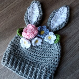 Crochet PATTERN Bunny Hat with Flowers crown, Crochet Easter Hat Pattern, newborn bunny hat crochet pattern toddler bunny hat child hat image 3