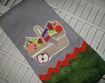 Cotton tea towel, applique, vintage kitchen accessory, shabby chic design, rick rack, batik fabric, handmade towel set, fonts