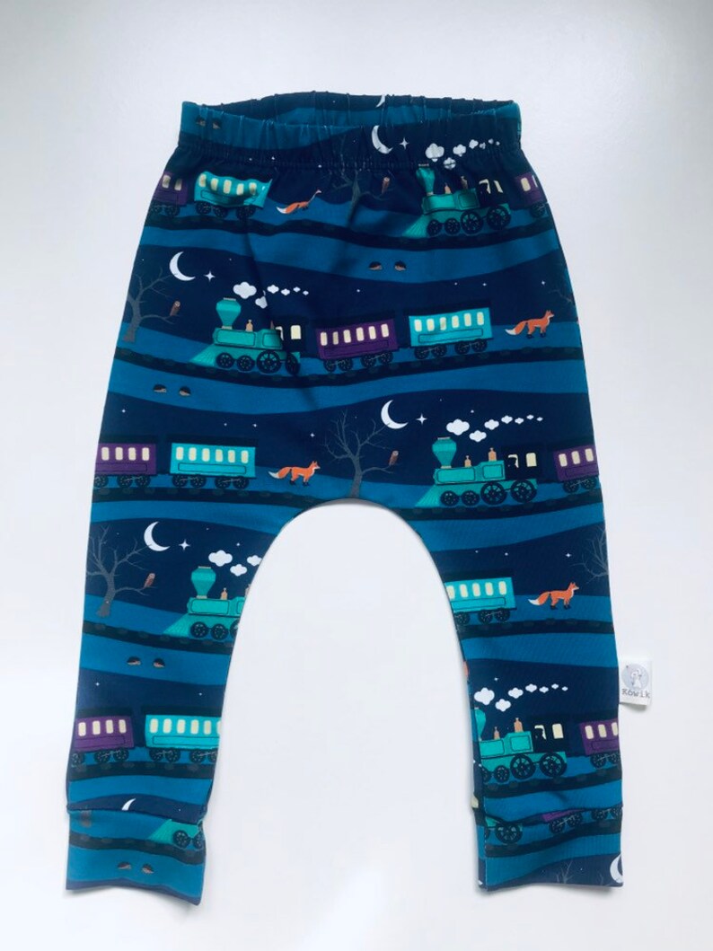 Kids Custom Clothes | Organic Baby Harem Train and Fox Leggings Baby Train Pants Train Clothes Kids Train Pants Slim Fit Pants