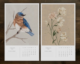2024 Botanical Calendar | Wall Calendar | Nature Inspired | Flowers | Birds | Butterflies | Home & Office Decor