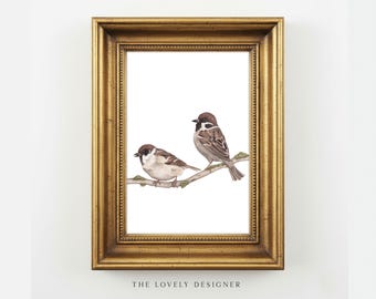 Sparrows Art Print: Watercolor Botanical Wall Art, Floral Illustration, 5x7 Home Decor