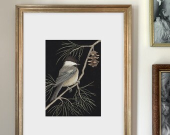 Chickadee Art Print | Nature Inspired | Bird Illustration | Pine | Watercolor | Multiple Sizes Available | Home Decor