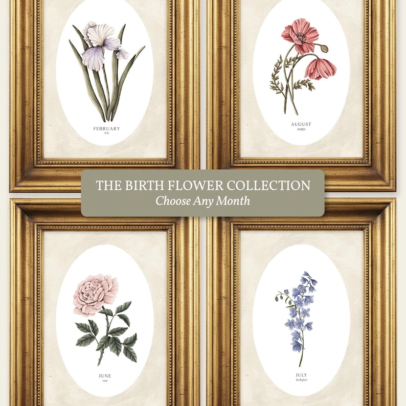 May include: Four framed botanical prints in ornate gold frames, each featuring an oval illustration of a birth flower labeled with the month. The prints display an iris for February, poppy for August, rose for June, and larkspur for July.