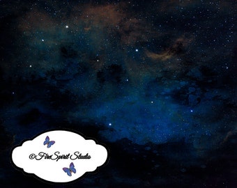 May include: A dark blue watercolor background with a scattering of white stars. The background has a cloudy, textured look. A white oval with a black outline contains the text "© Fire Spirit Studio" and two purple butterflies.