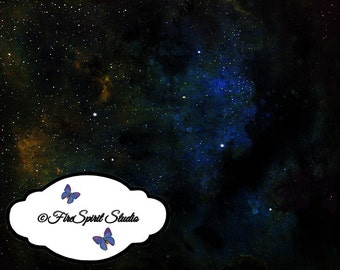 May include: A dark blue and black watercolor background with white stars and a white cloud-shaped banner with the text "© Fire Spirit Studio" and two purple butterflies.