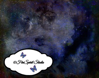 May include: A dark blue watercolor background with white stars and a white cloud with the text "© Fire Spirit Studio" and two purple butterflies.