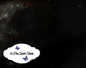 May include: A black background with a white oval shape containing two blue butterflies and the text "© Fire Spirit Studio".