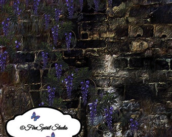 Wisteria on Stone Wall II- suministros de arte- fondos hechos a mano- capas- papel- capas para arte de Photoshop- arte abstracto- capas hechas a mano