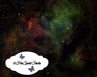 May include: A dark blue and green watercolor galaxy background with white stars. The text "Fire Spirit Studio" is in a white cloud shape with two purple butterflies.
