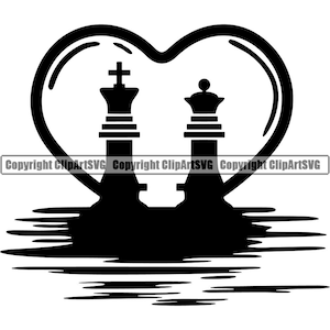 Échecs Roi Reine Coeur Amour Échiquier Pièces Configuration Jeu de société Stratégie Joueur Club FIDE Master Design Logo SVG PNG Vector Clipart Cut File