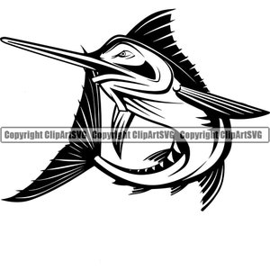 May include: Black and white illustration of a marlin fish with its mouth open and its dorsal fin raised. The fish is facing to the left and its tail is curled up.