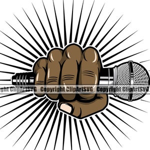 Zwarte hand met microfoon Audio geluid Voice Mic Muziekstudio Radio Hip Hop Rap Rapper zingen zanger Design Logo SVG PNG Clipart Vector knippen