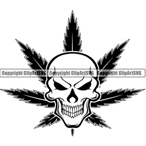 Puede incluir: Ilustración en blanco y negro de una calavera con un diseño de hoja de marihuana. La calavera tiene una expresión de enfado con una boca grande abierta y dientes afilados.