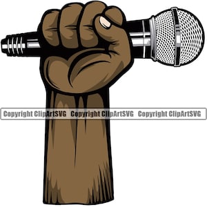 Schwarze Hand hält Mikrofon Audio Sound Stimme Mic Musik Studio Radio Hip Hop Rap Rapper Singen Sänger Design Logo SVG PNG Clipart Vektor Schnitt