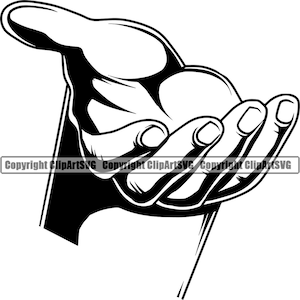 May include: A black and white illustration of an open hand, palm facing up, as if offering or receiving something.