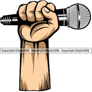 Hand hält Mikrofon Audio Sound Stimme Mic Musik Studio Radio Hip Hop Rap Rapper Singen Sänger Design Logo SVG PNG Clipart Vektor geschnitten Datei