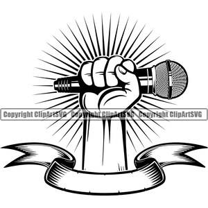 Hand hält Mikrofon Audio Sound Stimme Mic Musik Studio Radio Hip Hop Rap Rapper Singen Sänger Design Logo SVG PNG Clipart Vektor geschnitten Datei