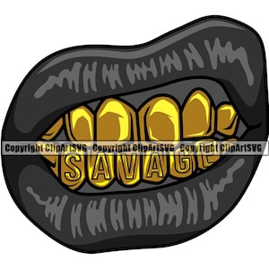 Lippen Gold Zähne Savage Life Mean Mug Mund grinsen Grill Gangster Rap Hip Hop Maske Art Design Element Logo SVG PNG Clipart Cricut Vektor Cut