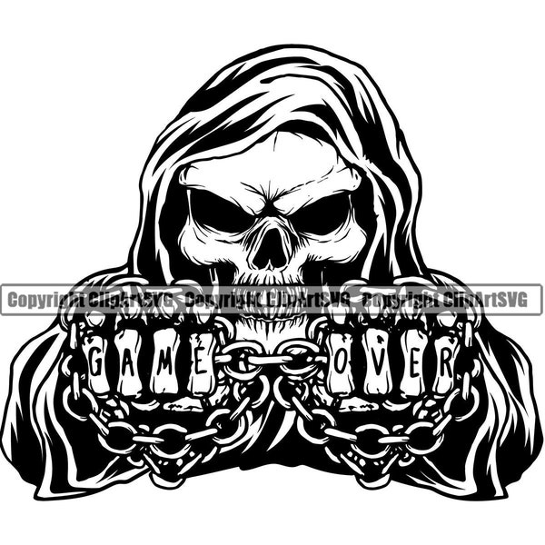 Grim Reaper Skull Skeleton Grin Grinning Game Over Chain Death Evil Kill Killer Grim Ghost Tattoo Hell Art Logo SVG PNG Vector Clipart Cut