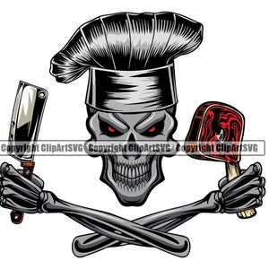 Skull Chef Cook Butcher Meat Steak Clever Knife Grill Cooking Food Kitchen Grilling BBQ Meat Baking Design Logo SVG PNG Clipart Vector Cut