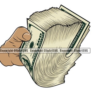 Homem mão segurando dinheiro nó pilha 100 nota de cem dólares dinheiro rico gangster crime hustle hustler arte anúncio design logotipo svg clipart vetor corte