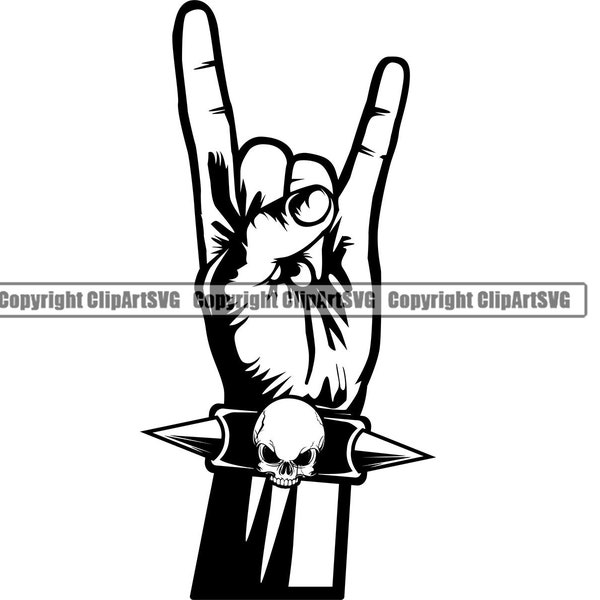 Rock N Roll Hand Horns Skull Bracelet Guitar Electric Concert Headbanger Music Band Design Element Logo SVG PNG Clipart Vector Cut Cutting