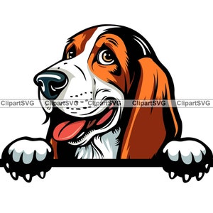 Basset Hound Smiling Peeking Dog Head Puppy Face Canine Pet Portrait Paw Print Cartoon Drawing Art Logo Tattoo Design SVG PNG Cut Cutting