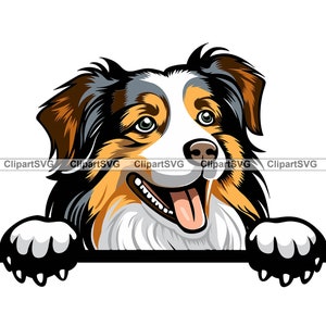 Pastor australiano sonriendo mirando cabeza de perro cachorro cara canina mascota retrato pata impresión dibujos animados dibujo arte logotipo tatuaje diseño SVG PNG corte