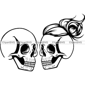 Crânio Casal Beijo Mulher Homem Esqueleto Amor Dia dos Namorados Romântico Horror Gótico Casamento Desenho Animado Arte Logotipo Tatuagem Design SVG PNG Cut