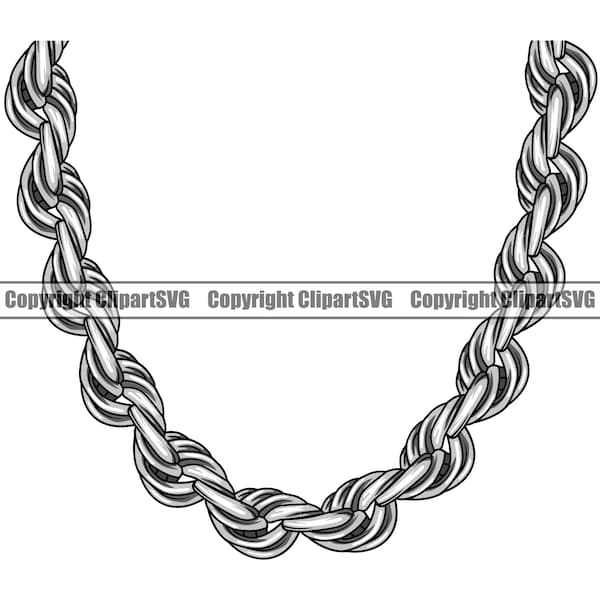 Silver Platinum Chain Link Rope Necklace Jewelry Shiny Bling Rich Cash Money Hip Hop Rap Art Design Element Logo SVG PNG Clipart Vector Cut