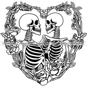 Crânio Casamento Esqueleto Amantes Casal Amor Rosa Canopy Feriado Romance Horror Gótico Quarta Casamento Coração Arte Logotipo Tatuagem Design SVG PNG Cut