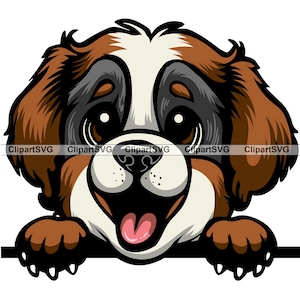 Bernhardiner lächelnd spähender Hund Welpe Kopf Eckzahn Haustier Neufundland Berner Berg Heiliger Tibet Mastiff Pfote Art Logo Design SVG PNG Cut