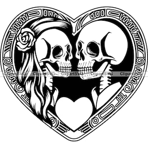 Crânio Casal Amor Esqueletos Dia dos Namorados Terror Romântico Gótico Casamento Coração Fundo Moldura Desenho Arte Logotipo Tatuagem Design SVG PNG Cut