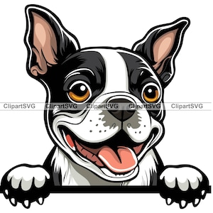 Boston Terrier Smiling Peeking Dog Cute Puppy Face Canine Breed Pet Portrait Paw Print Cartoon Drawing Art Logo Tattoo Design SVG PNG Cut