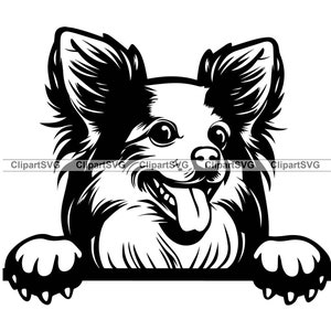 Papillon Lächelnd spähender Hund niedlich Welpe Gesicht Hunde Haustier Rasse Portrait Pfotenabdruck Cartoon Zeichnung Kunst Logo Tattoo Design SVG PNG Schneiden Schneiden