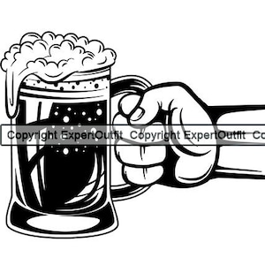 May include: A black and white illustration of a hand holding a beer stein with a foamy head.