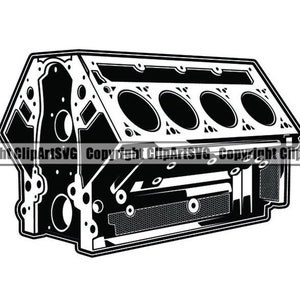 May include: Black and white illustration of a detailed engine block with multiple cylinders.