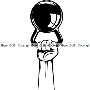 May include: Black and white illustration of a hand holding a kettlebell. The kettlebell is round and shiny, with a handle. The hand is clenched in a fist, and the arm is extended upwards.