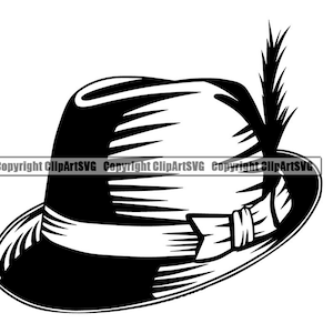 Op de afbeelding: Een zwart-witte illustratie van een fedora-hoed met een veer aan de zijkant.