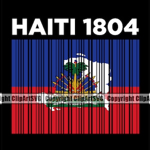 以下が含まれることがあります： ハイチの国旗をバーコード効果でデザインしたグラフィック。国旗は青と赤のセクションに分かれており、中央にはハイチの紋章があります。「HAITI 1804」の文字が上部にあり、すべて黒い背景に表示されています。