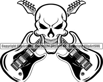 Guitare Logo #14 tête de mort électrique électrique Instrument de musique chaîne Rock N Roll Music Band. SVG. EPS. PNG vecteur Clipart Cricut coupe fichier
