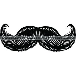 May include: A black and white illustration of a large, bushy mustache with curled ends.