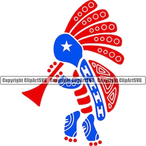 May include: A red, white, and blue stylized illustration of a Native American playing a trumpet. The figure is wearing a headdress with a star on the front.