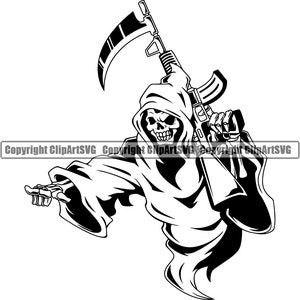 Sensenmann Skelett Schädel Pistole Sichel Tod Evil Kill Grim Ghost Knochen Hölle Sport Team Maskottchen Game Art Design Logo SVG PNG Vektor Clipart Cut