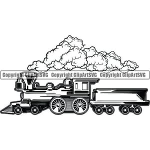 May include: A black and white illustration of a vintage steam train with smoke billowing from the chimney. The train has a large engine, a tender car, and several wheels.