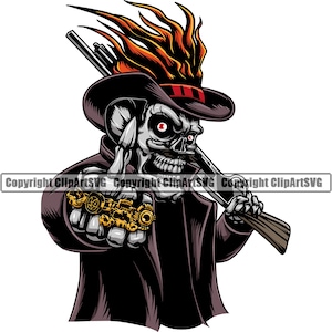 Schädel Schrotflinte Zylinder Feuer Flamme Skelett Grinsen grinsend Mittelfinger Tod Evil Killer Killer Tattoo Hölle Art Logo SVG PNG Vektor Clipart Cut