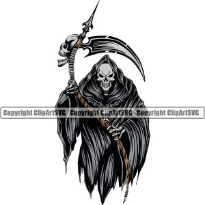 Grim Reaper Squelette Tueur Crâne Faucille Lame Mort Mal Tuer Grim Effrayant Fantôme Tatouage Enfer Art Design Logo SVG PNG Vector Clipart Coupe Fichier